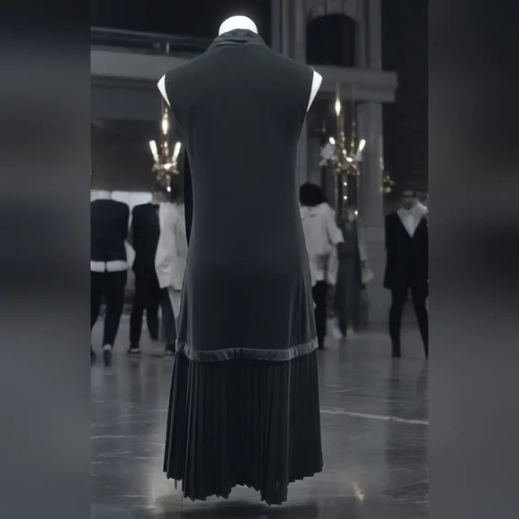 Iconic Fink Modell 1960s Black Satin Bow Tie Sleeveless Shift Dress Pleated Midi - Picture 6 of 12